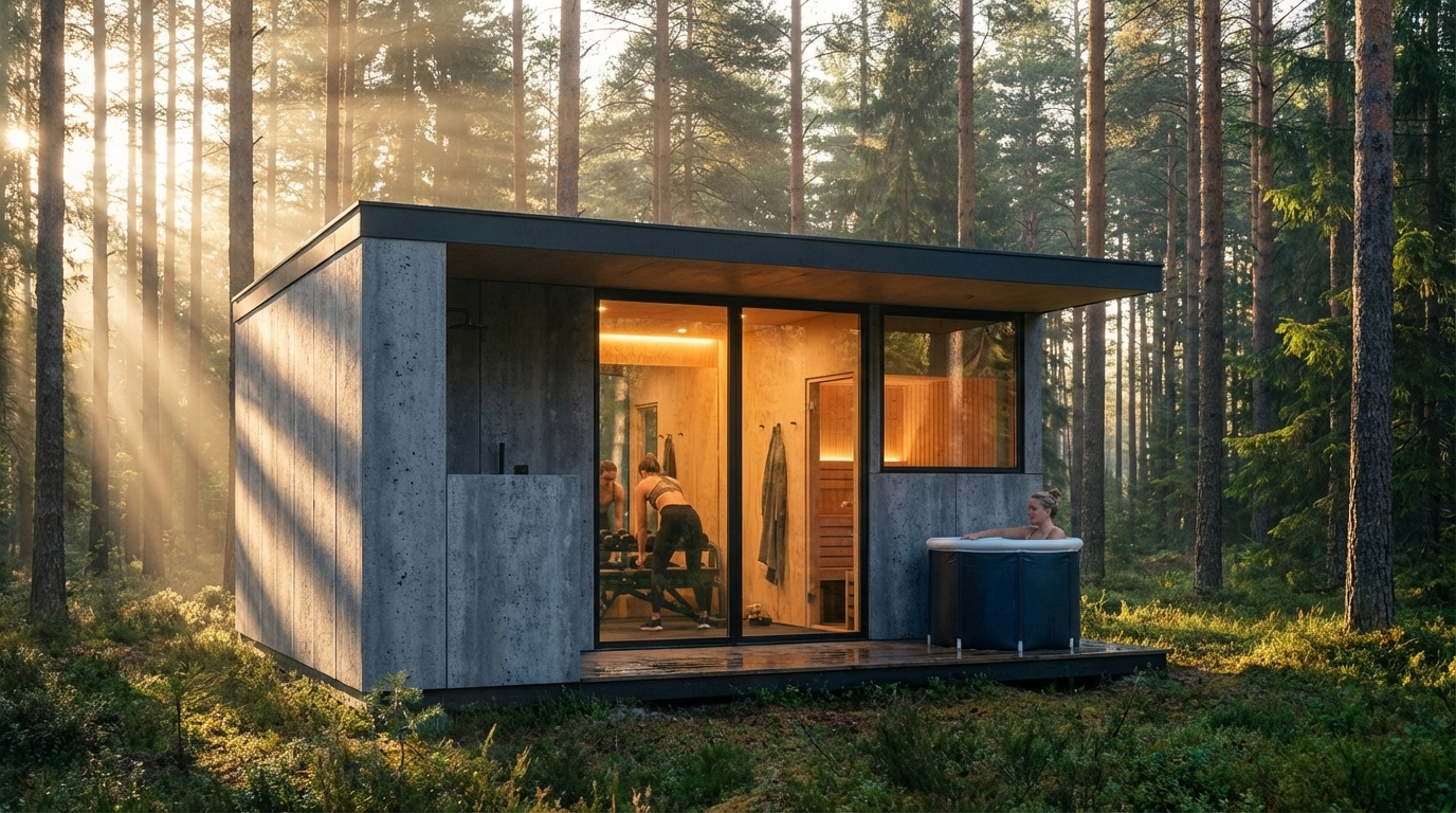 øra wellness pod — grey cladding in forest setting